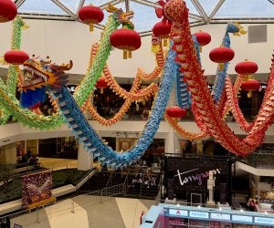 chinese dragons strung from ceiling and railings of mall